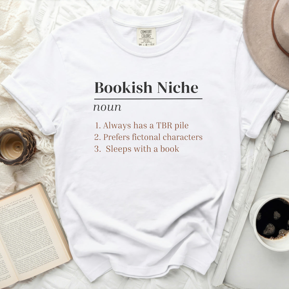 White t-shirt with "Bookish Niche" definition and reading-themed list.