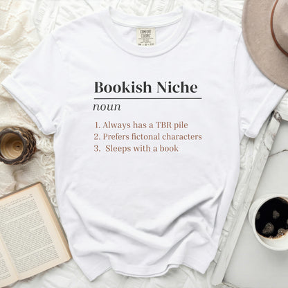 White t-shirt with "Bookish Niche" definition and reading-themed list.