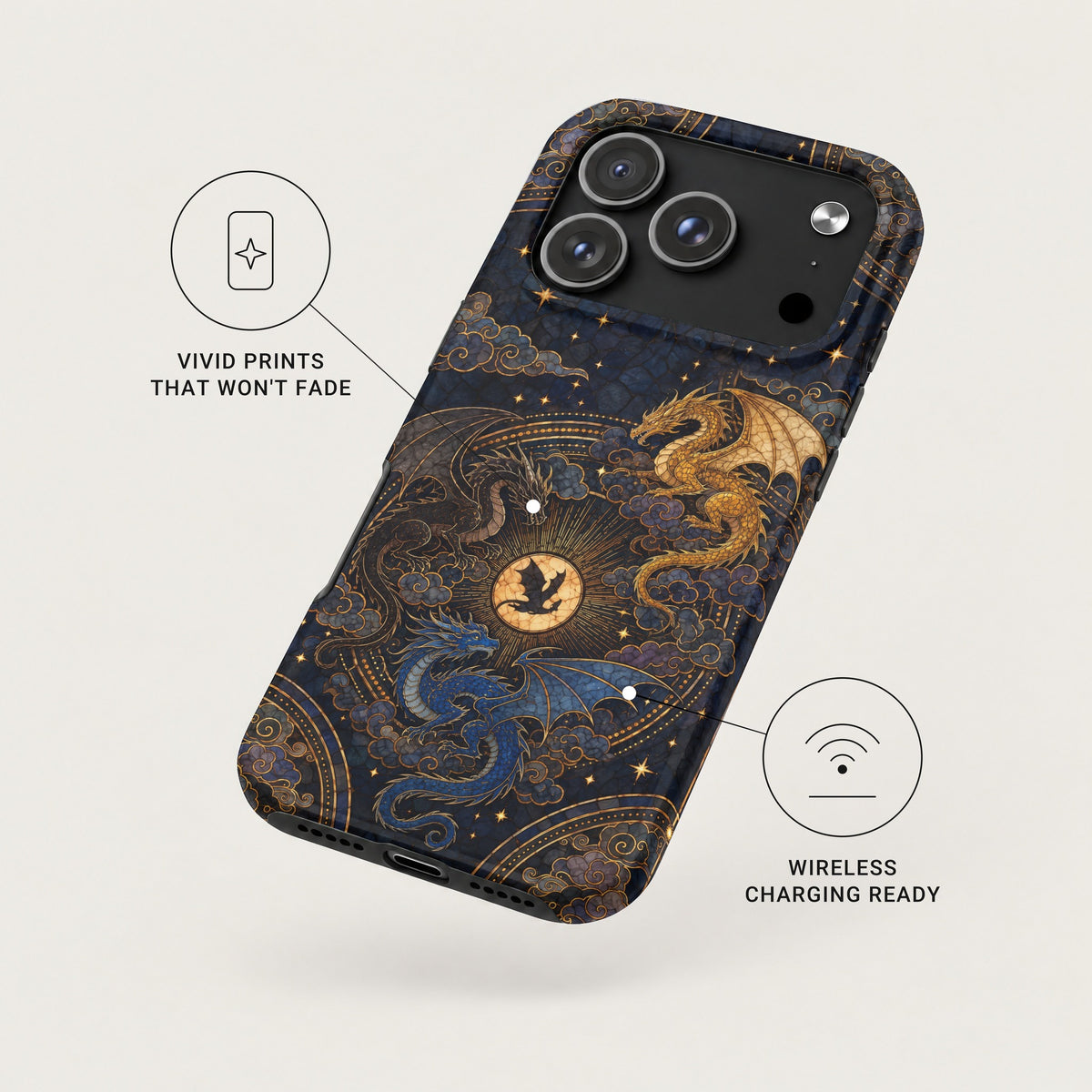 An angled smartphone case featuring a celestial dragon design, with callouts for vivid prints and wireless charging.