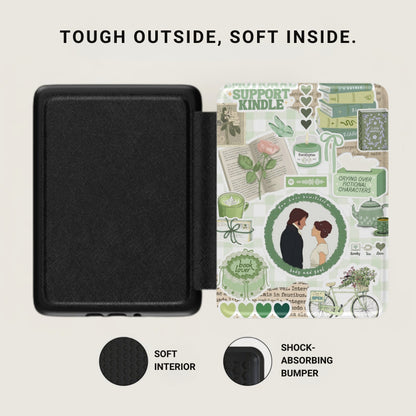 Black case with a patterned interior and green book-themed decorative stickers.