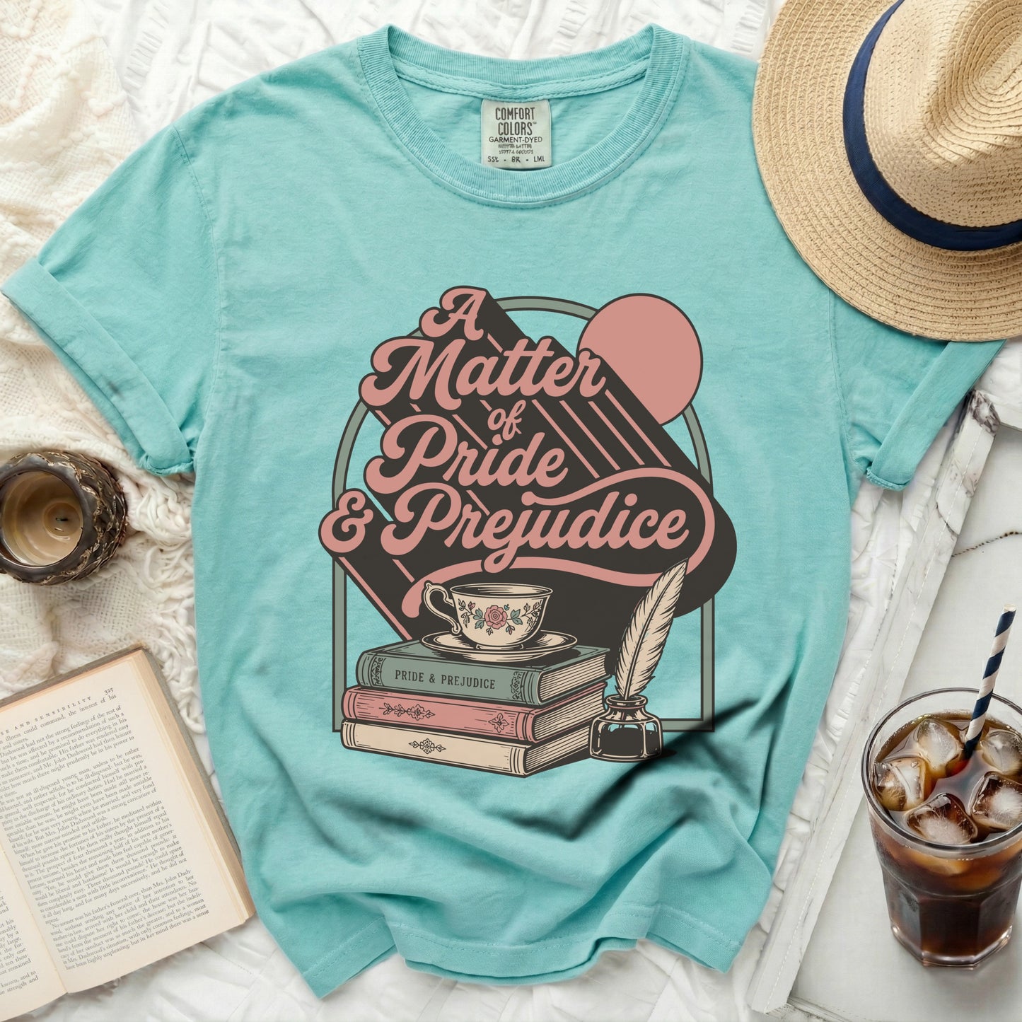 Comfort Colors t-shirt with Pride and Prejudice graphic and books.