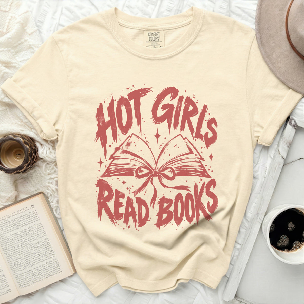 Comfort Colors t-shirt with distressed red text: "HOT GIRLS READ BOOKS".