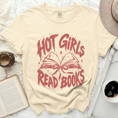Comfort Colors t-shirt with distressed red text: "HOT GIRLS READ BOOKS".
