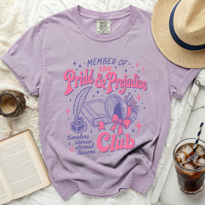 Lavender t-shirt with "Member of the Pride & Prejudice Club" graphic.