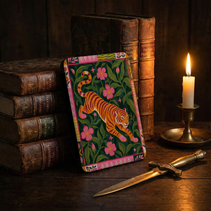 Tiger on floral pattern with antique books under candlelight.
