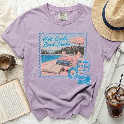 Purple t-shirt with "Hot Girls Read Books" stamp graphic and poolside scene.