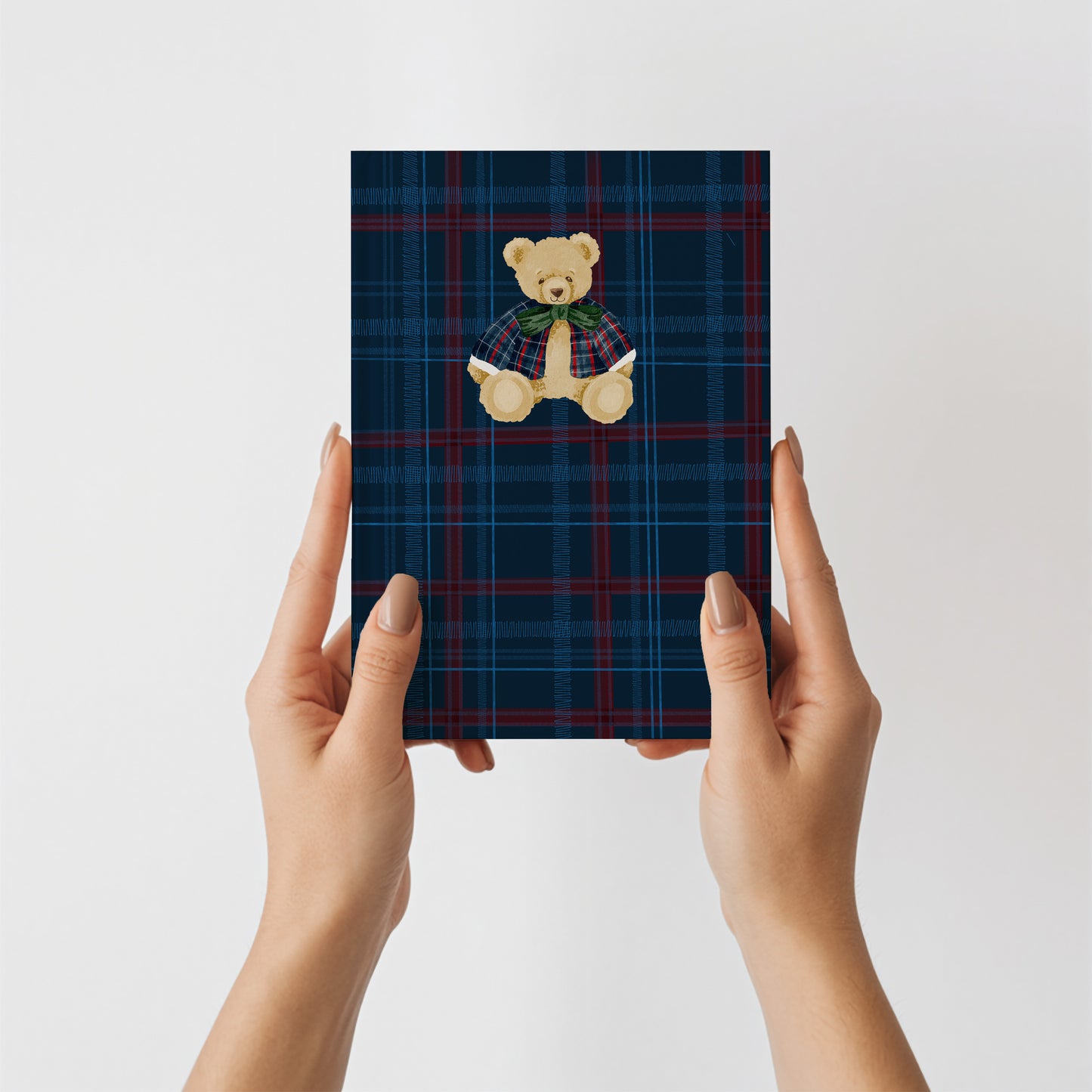 Cute Teddy Bear on Blue Plaid Background Notebook