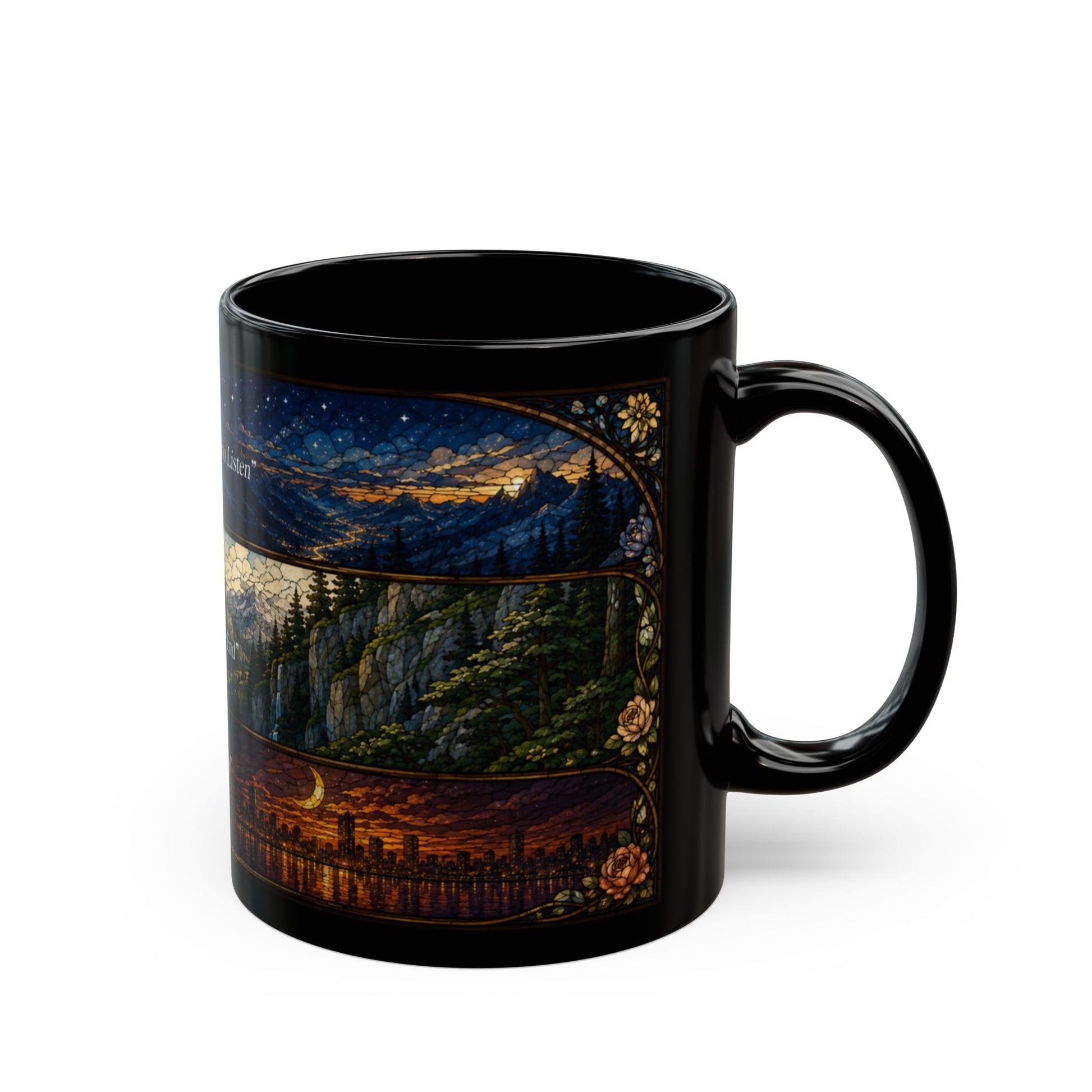 Black mug with three stained-glass landscape panels: mountains at night, forest cliffs, and city skyline.