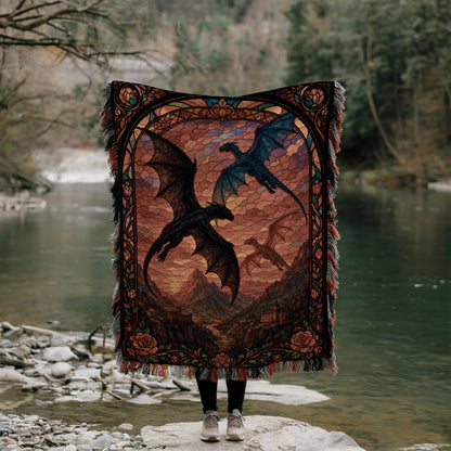 A person stands in front of a large, ornate tapestry depicting a dragon and a castle, with a river and trees in the background.