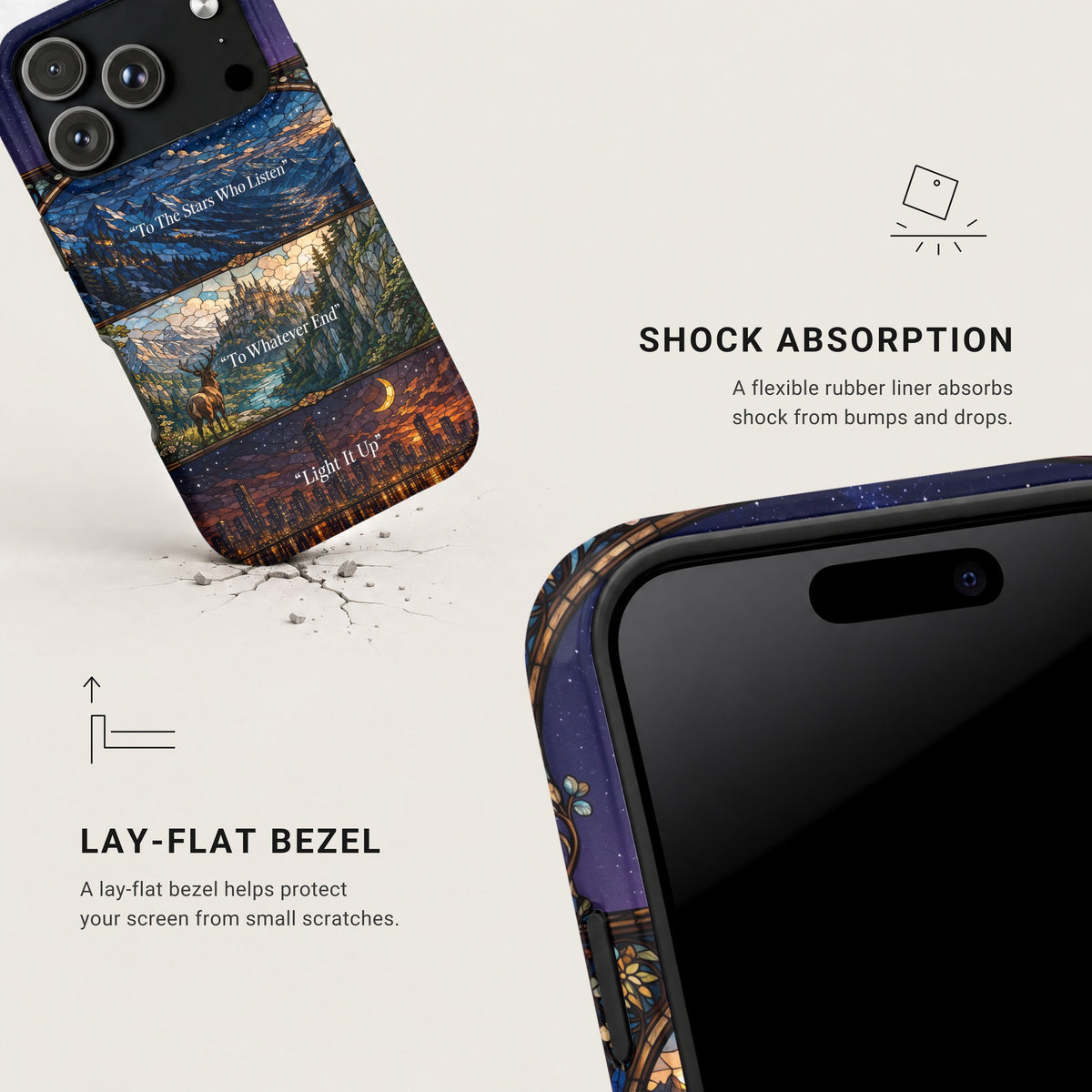 Two angles of a smartphone case featuring a stained glass design with text, highlighting shock absorption and lay-flat bezel features.