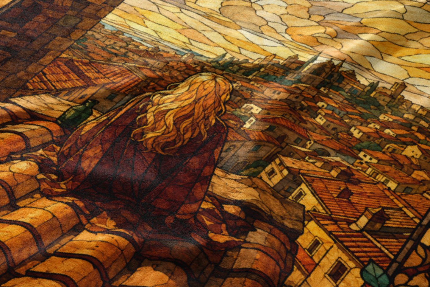 Stained glass depiction of a woman with blonde hair overlooking a city at dawn.