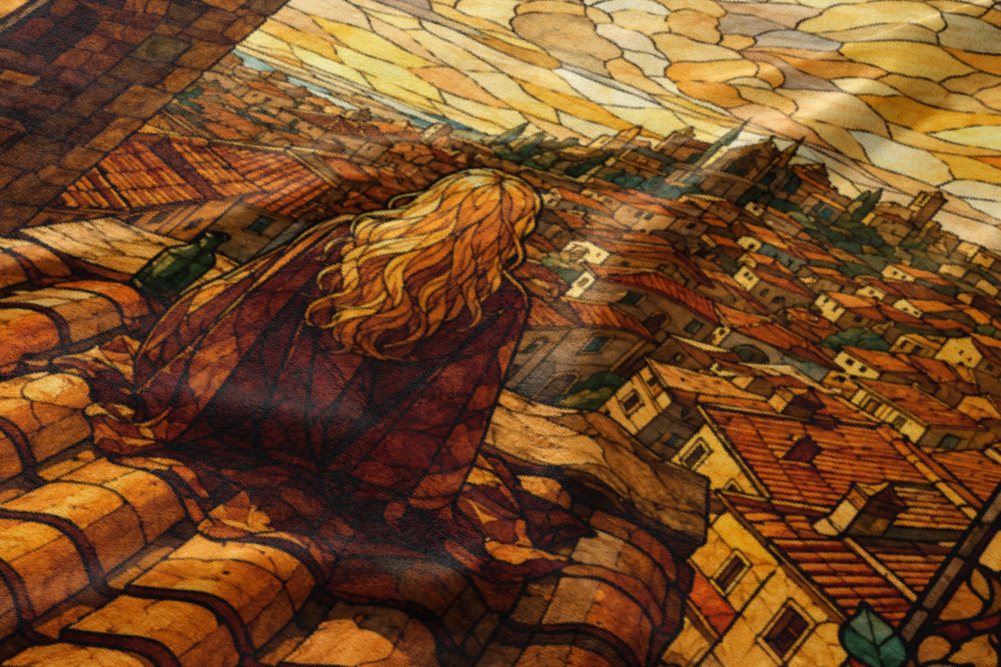 Stained glass depiction of a woman with blonde hair overlooking a city at dawn.