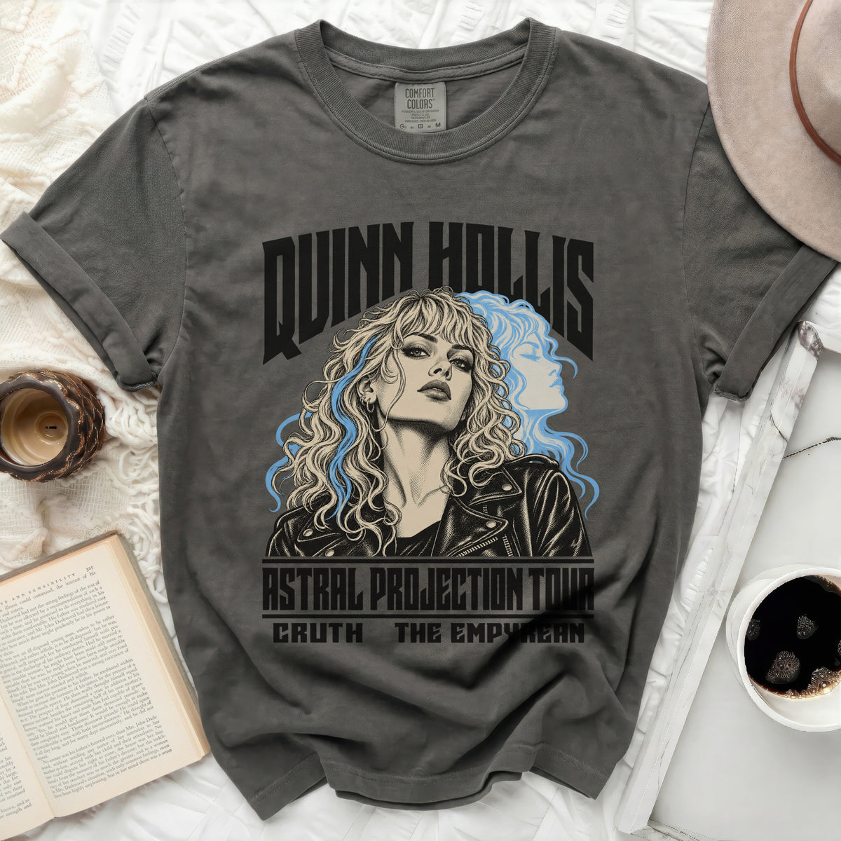 Grey t-shirt with Quinn Hollis graphic, "Astral Projection Tour" and "Cruth The Empyrean" text.