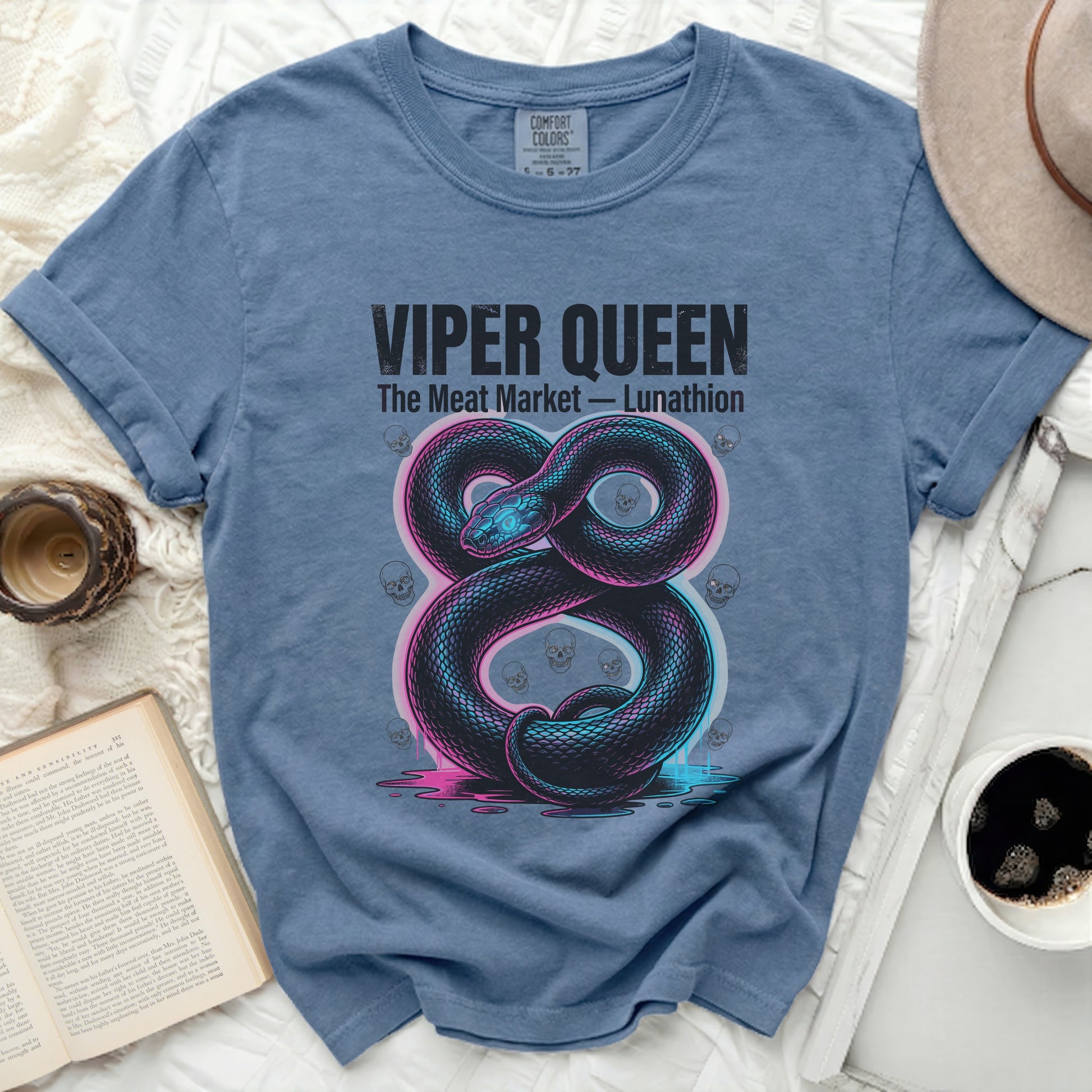 Blue t-shirt with a neon snake and "VIPER QUEEN The Meat Market - Lunathion" text.