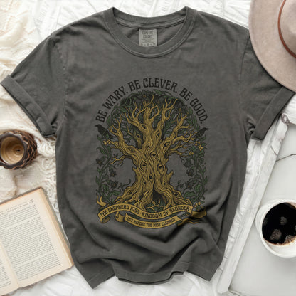 Dark grey t-shirt with a tree graphic and text "Be Wary. Be Clever. Be Good."
