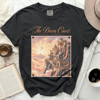 Dark t-shirt with "The Dawn Court" and fantasy palace illustration.
