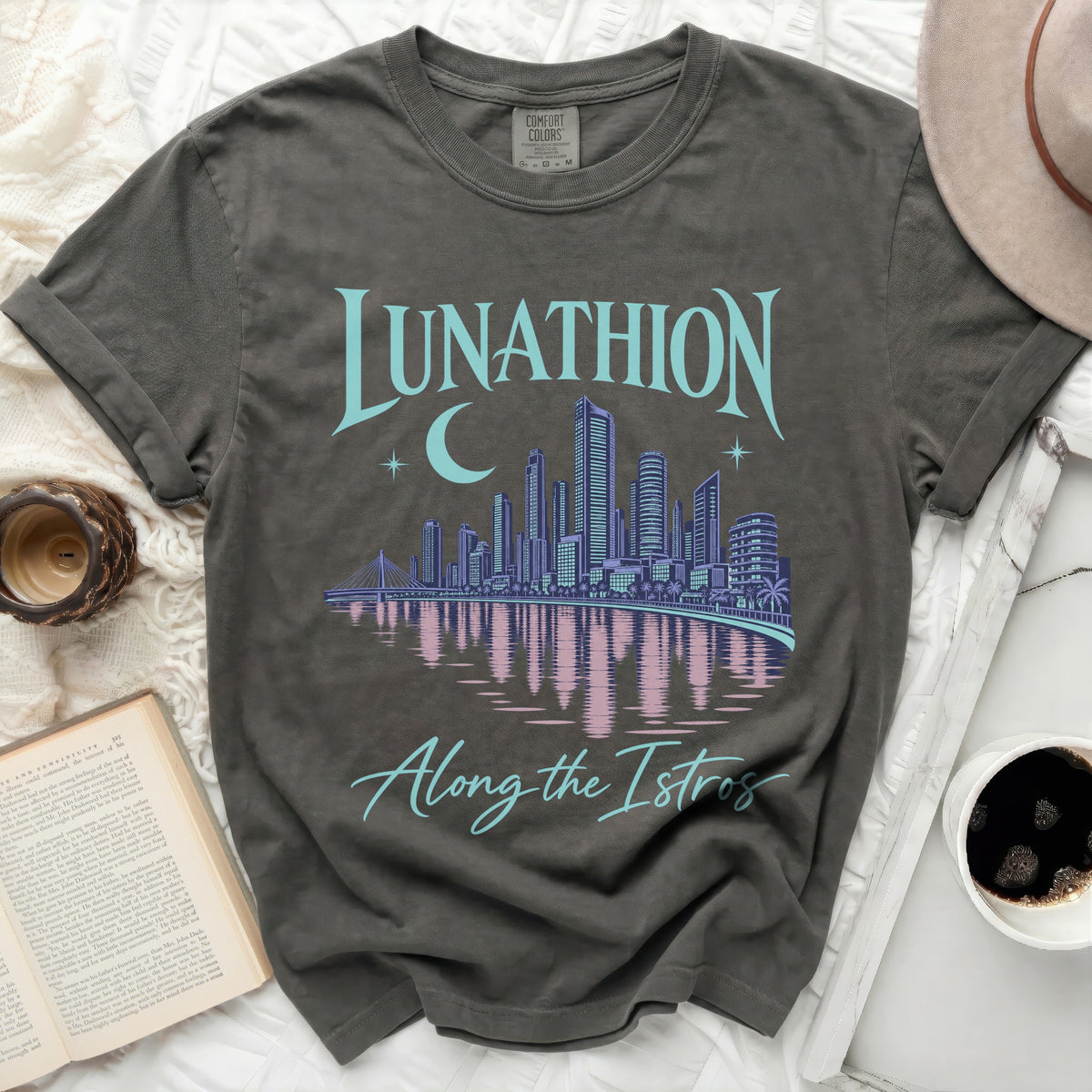 Comfort Colors charcoal t-shirt with "LUNATHION" and cityscape design "Along the Istros".