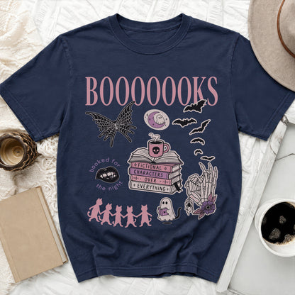Navy t-shirt with "BOOOOOooks" and Halloween-themed bookish graphics.