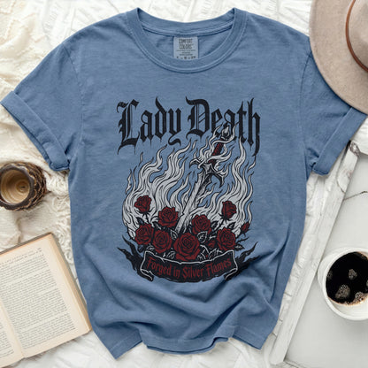 Blue t-shirt with "Lady Death" and "Forged in Silver Flames" graphic.