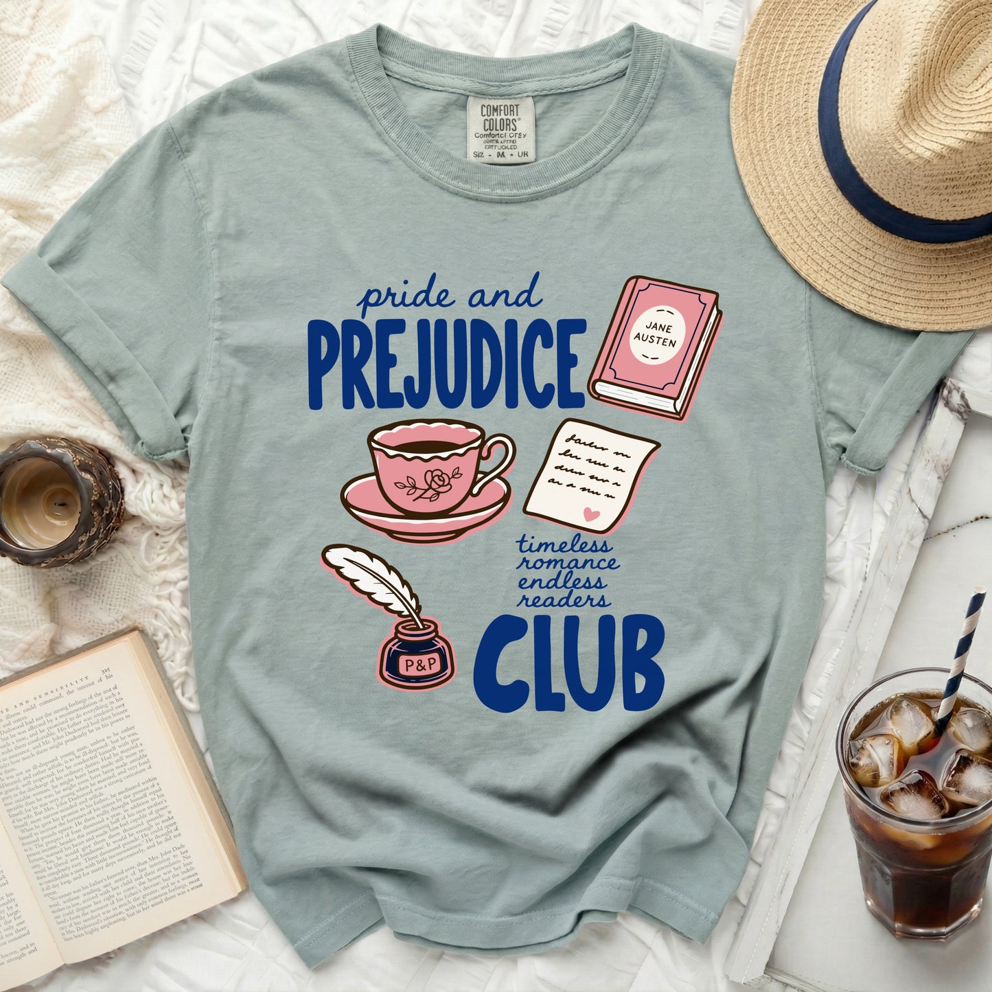 Pride and Prejudice Club t-shirt with a Jane Austen book illustration.
