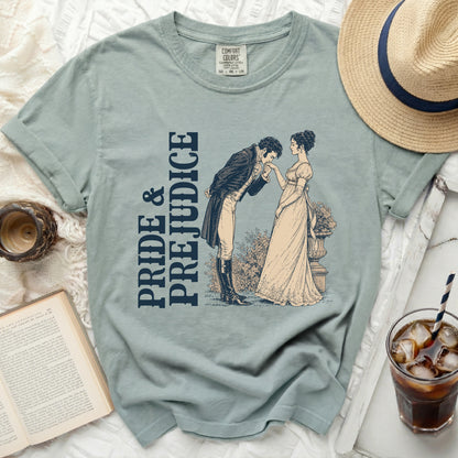 Pride & Prejudice t-shirt with illustration of a couple, and Comfort Colors tag.