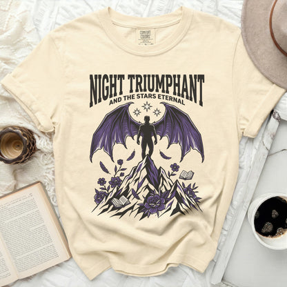 Night Triumphant and the Stars Eternal graphic tee with winged figure.