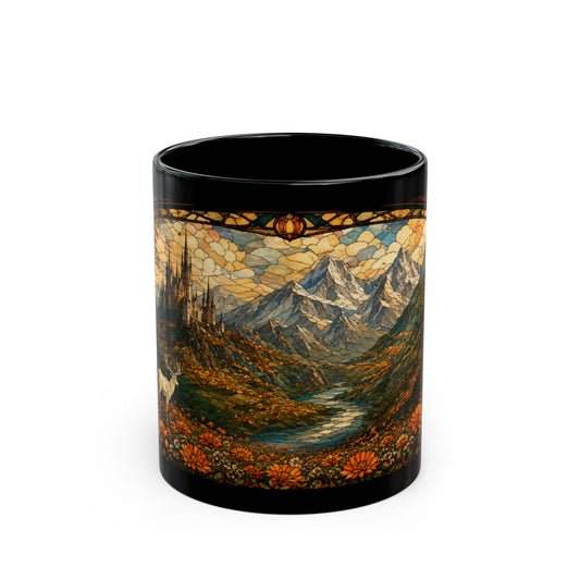 Black mug with a stained glass landscape featuring a castle and mountains.