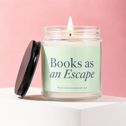 Lit candle in jar with "Books as an Escape" label and black lid.