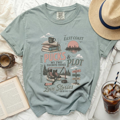 Green t-shirt with "Pucks & Plot" graphic and East Hampton theme.