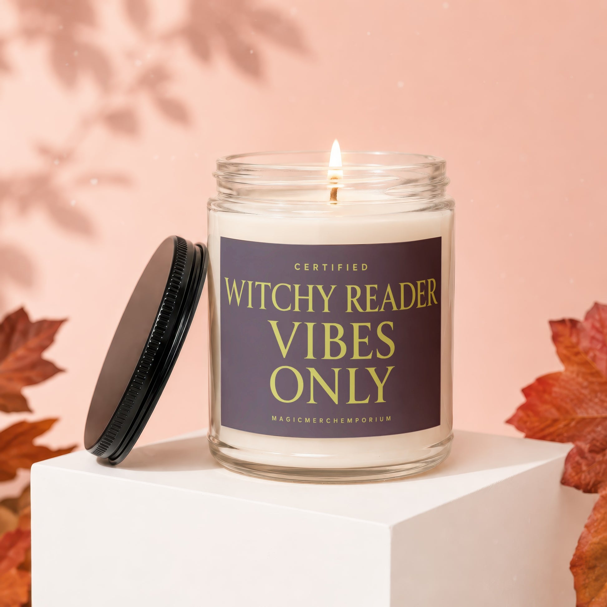 Candle with "Certified Witchy Reader Vibes Only" text.
