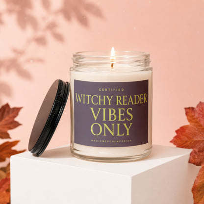 Candle with "Certified Witchy Reader Vibes Only" text.