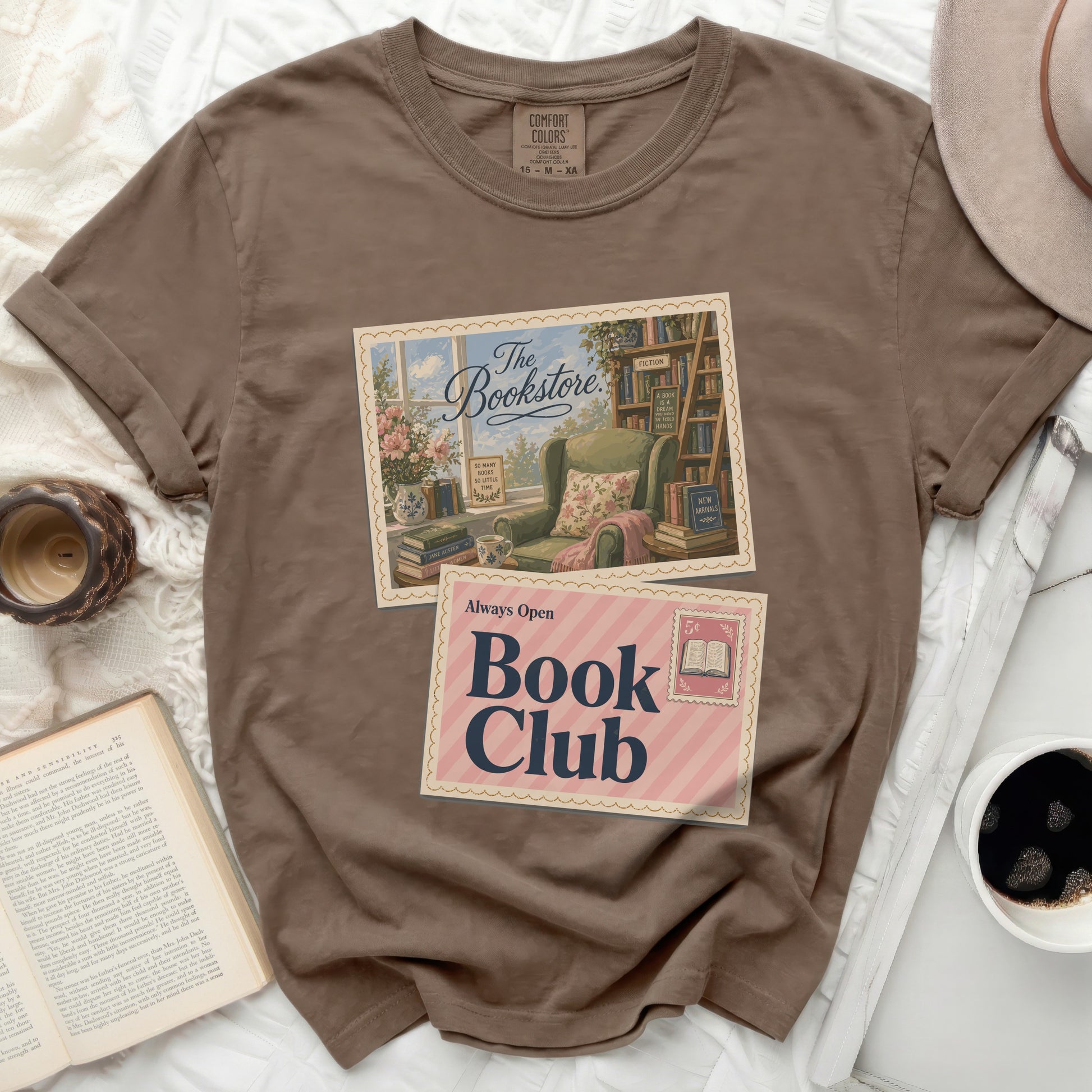 Brown t-shirt with "The Bookstore Always Open Book Club" graphic.