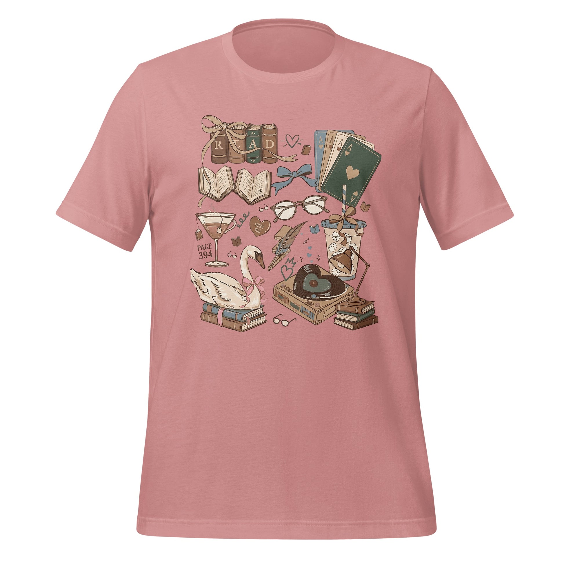 Whimsical Illustrations Graphic Tee with Swan and Books