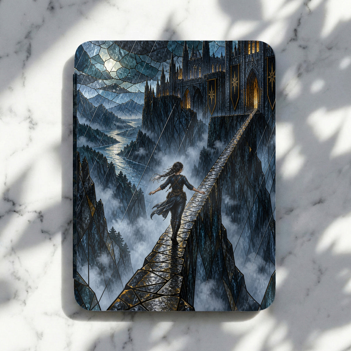 Fantasy castle with a lone figure walking on a precarious bridge.