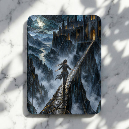 Fantasy castle with a lone figure walking on a precarious bridge.