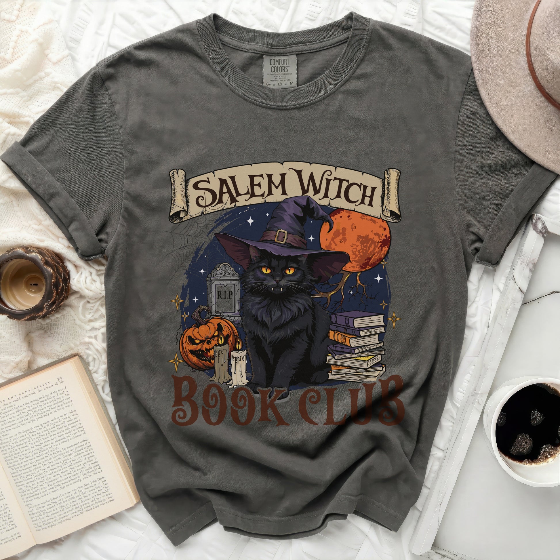 Salem Witch Book Club graphic with black cat, pumpkin, and books.