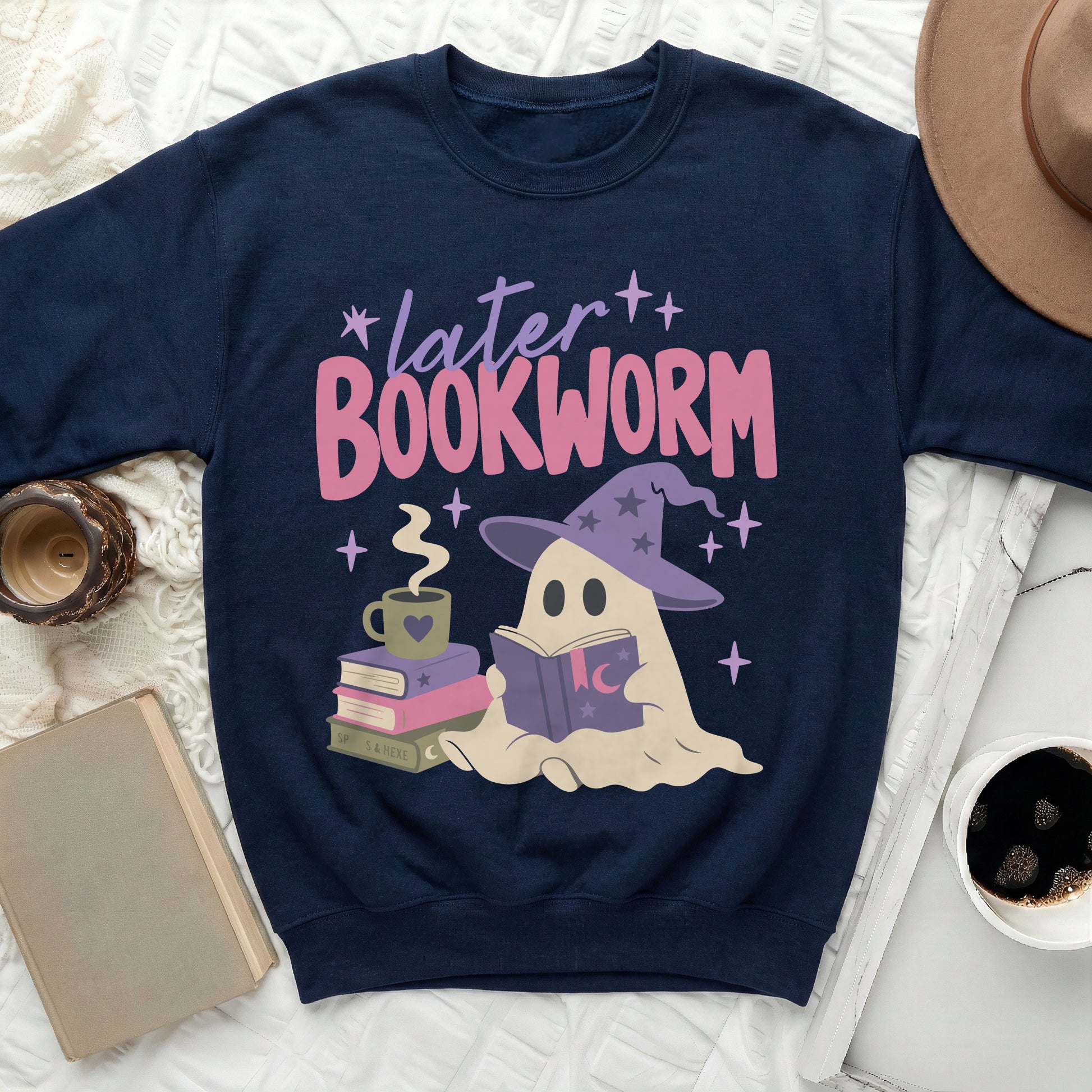 Navy sweatshirt with "later bookworm" text and a ghost reading a book.
