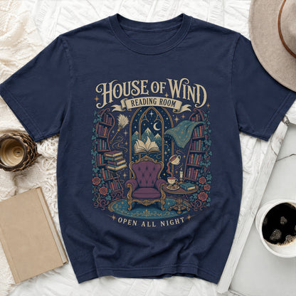 Navy t-shirt with "House of Wind Reading Room" and "Open All Night" text design.