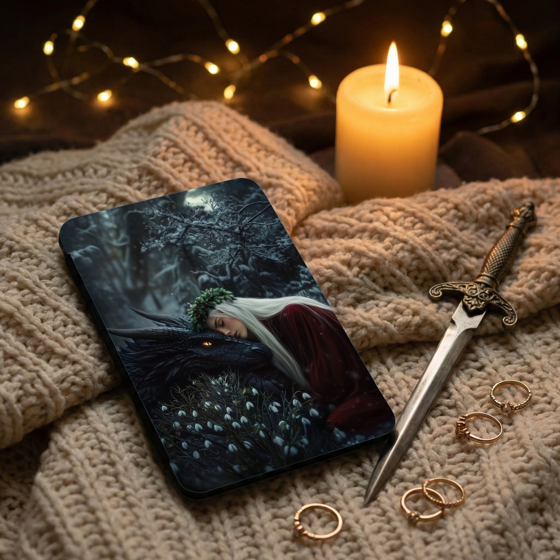 Wreathed blonde woman dragon snow forest fantasy art product type