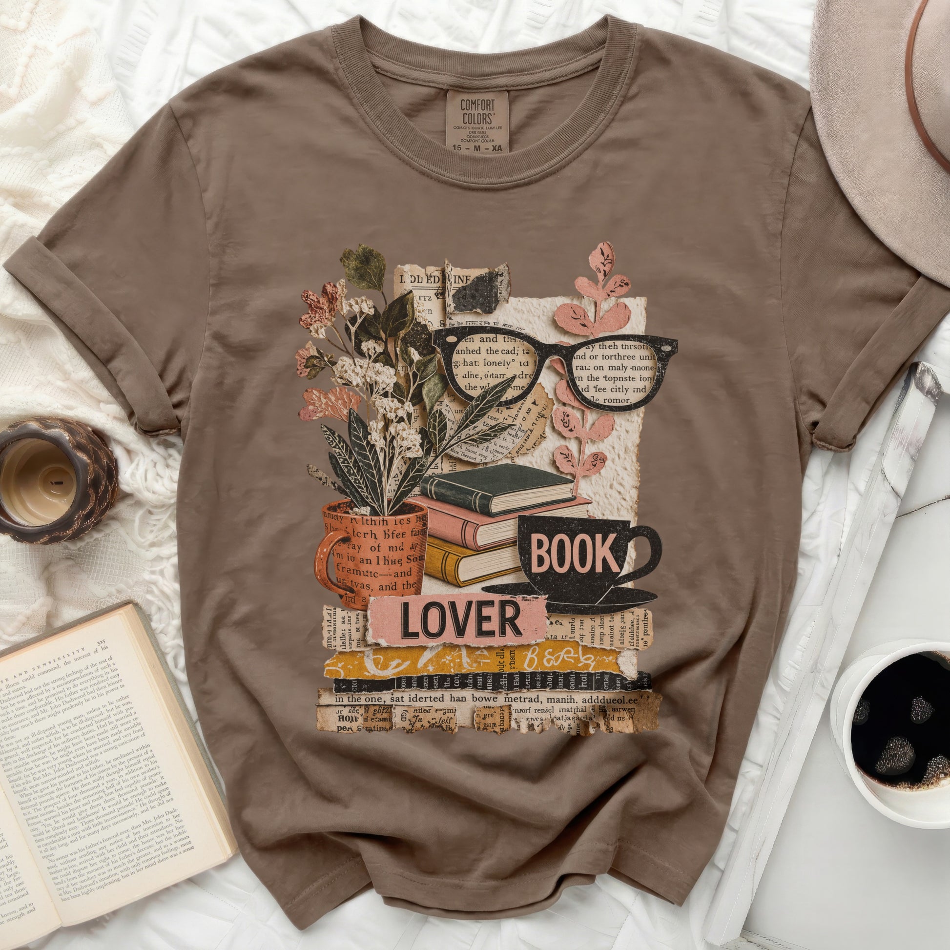 Brown t-shirt with "LOVER BOOK" graphic of books, plants, and glasses.