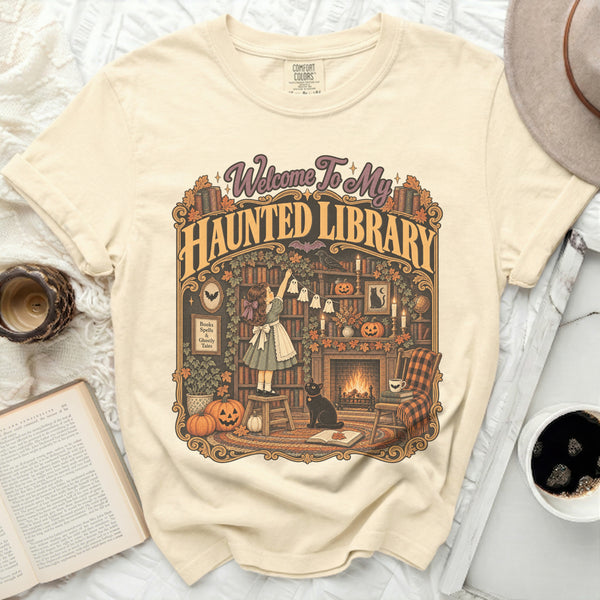 Haunted Library Cat Tee in Ivory