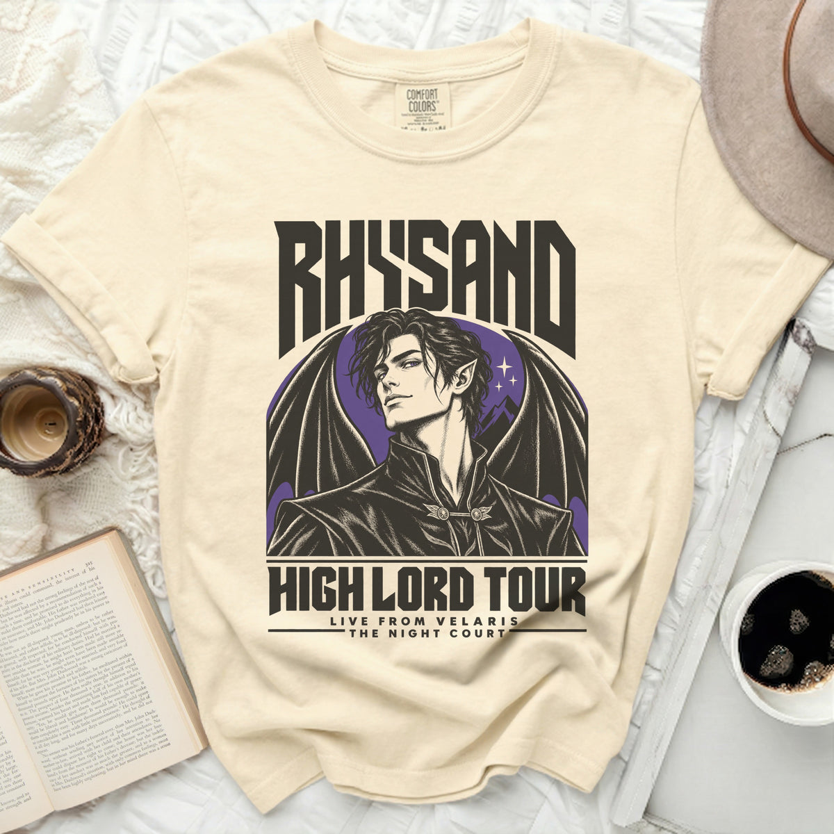 Cream t-shirt with Rhysand and High Lord Tour graphic.