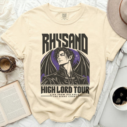 Cream t-shirt with Rhysand and High Lord Tour graphic.