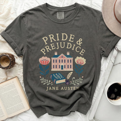Pride & Prejudice Jane Austen t-shirt with house and book design.
