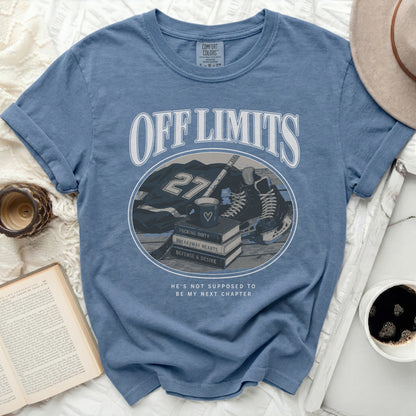 Blue t-shirt with "OFF LIMITS" graphic, hockey gear, and book titles.