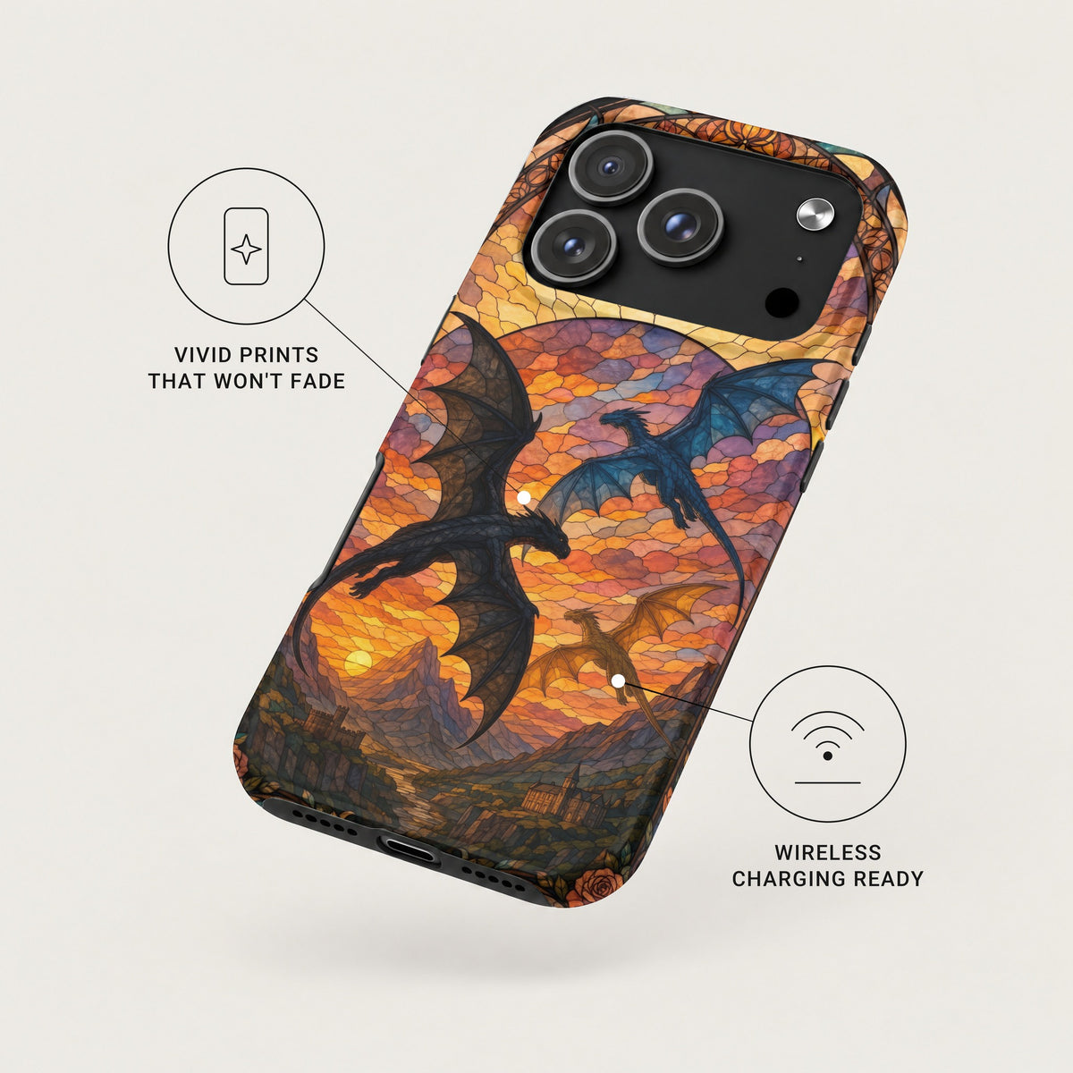 An angled smartphone case featuring a stained-glass style dragon design with fade-resistant print and wireless charging capability.