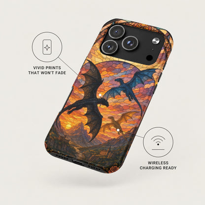 An angled smartphone case featuring a stained-glass style dragon design with fade-resistant print and wireless charging capability.