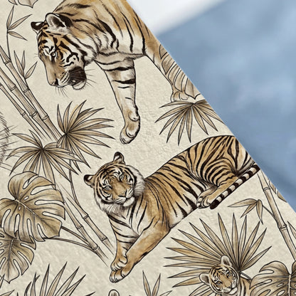 Tigers and bamboo leaves on a cream background with a blue overlay.