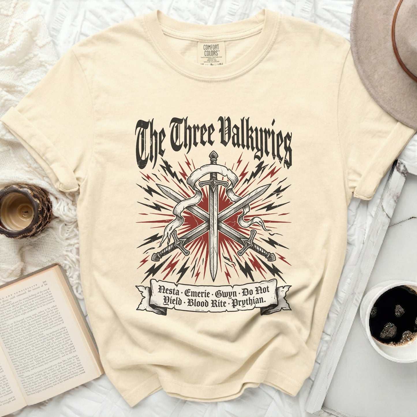 The Three Valkyries t-shirt with swords and names: Nesta, Emerie, Gwyn.