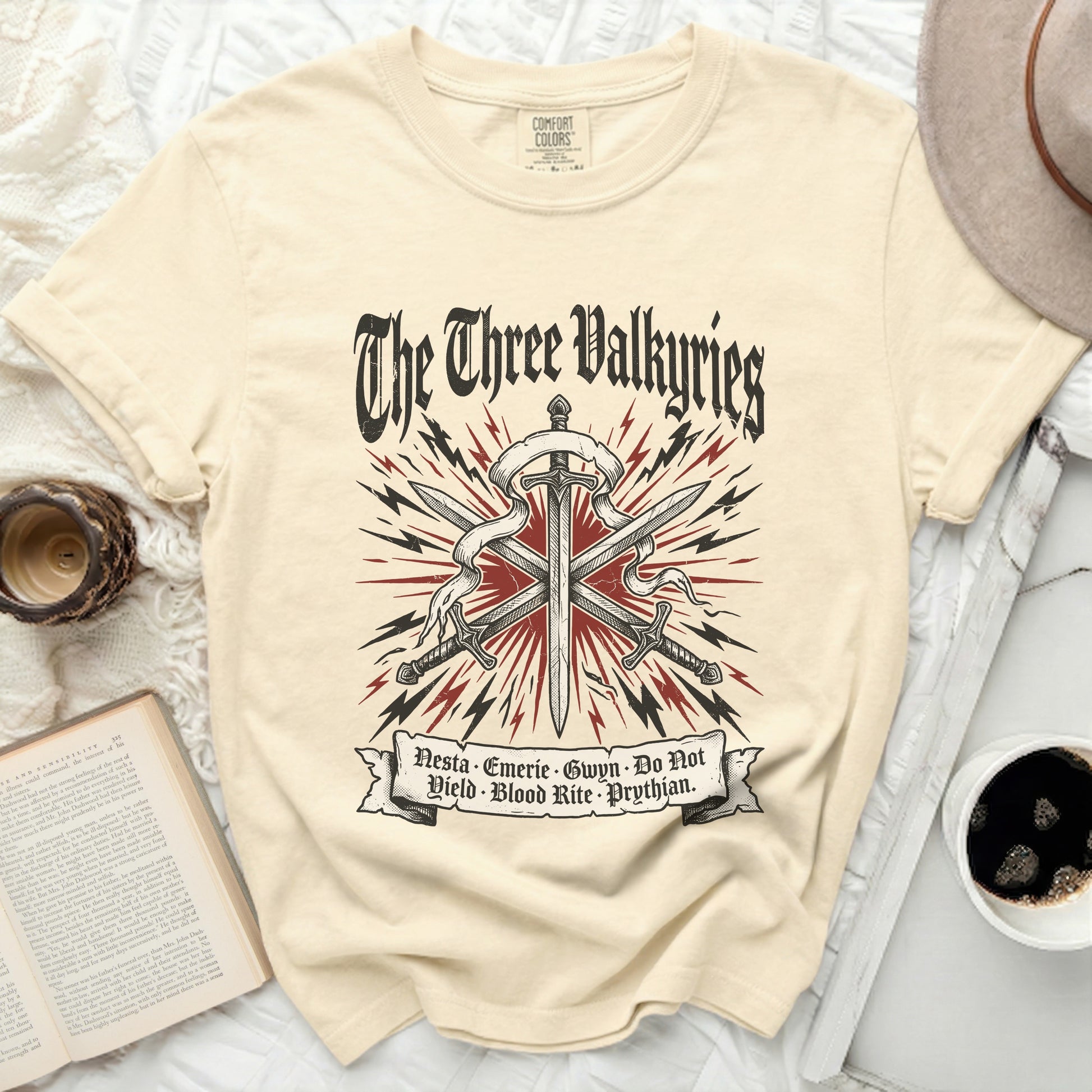 The Three Valkyries t-shirt with swords and names: Nesta, Emerie, Gwyn.